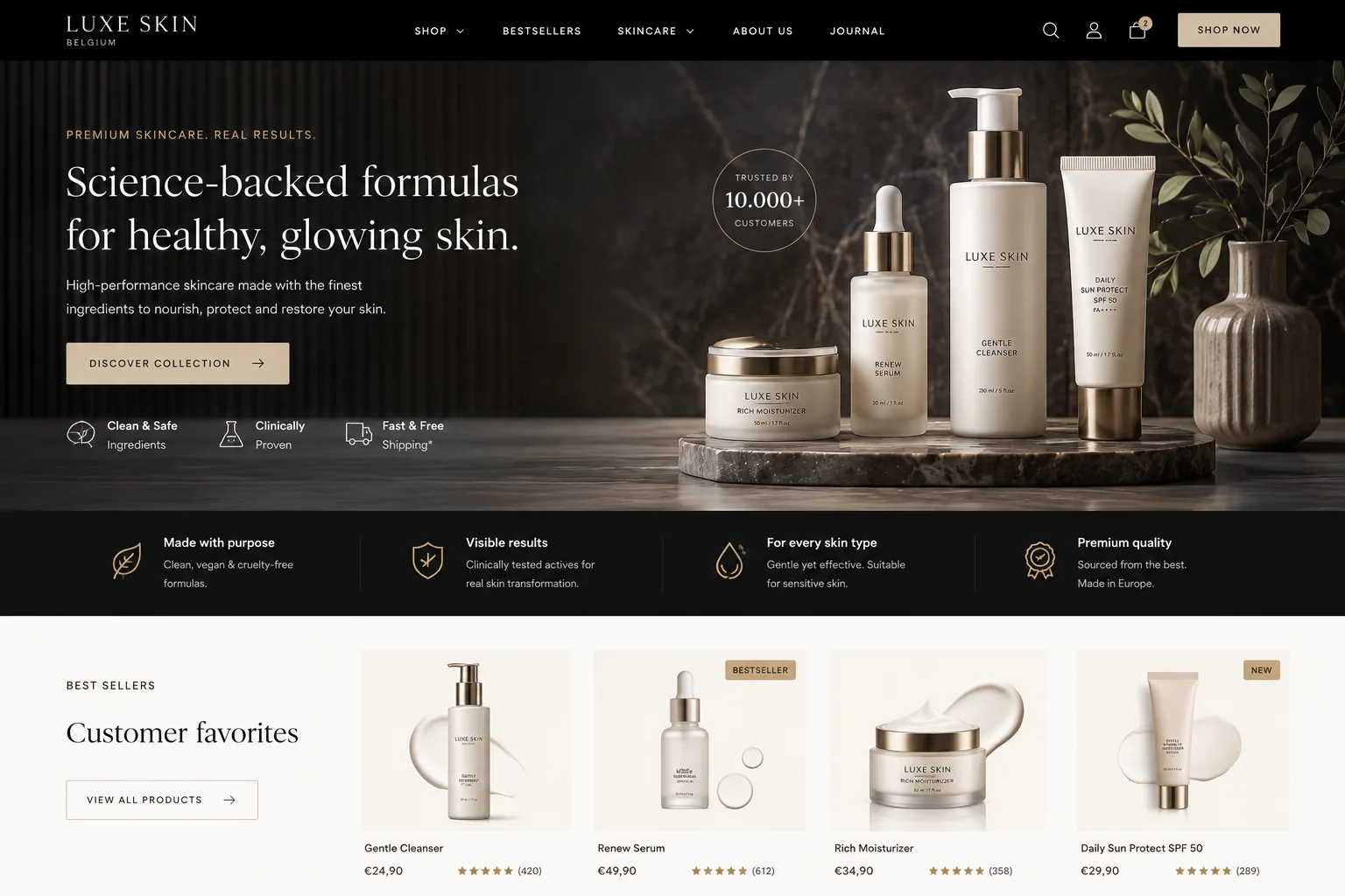Luxe Skin: A premium ecommerce direction that pairs restrained product presentation with an uncomplicated route from discovery to purchase.